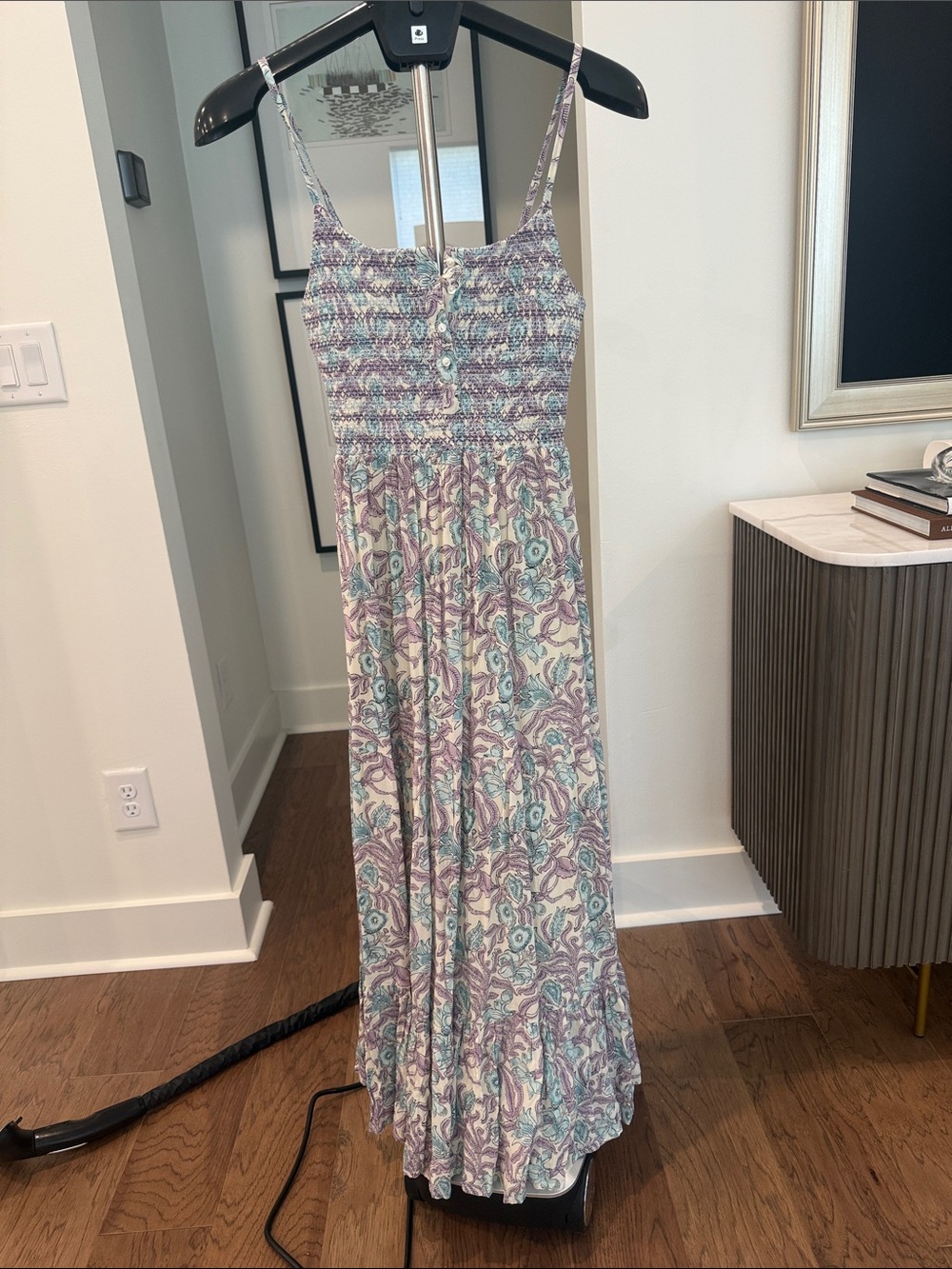 Maison Hotel Smocked Floral Maxi Dress in Lavender and Teal